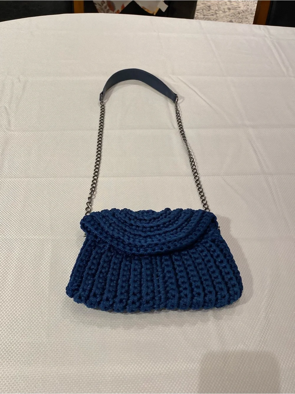 Cottage core Handcrafted Navy Crochet Crossbody Bag with Chain Strap